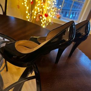 Black patent-leather look peep toe high heels, worn twice size 7M women’s